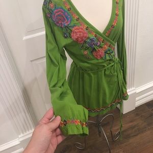 Johnny Was Vibrant Green Floral Wrap Blouse